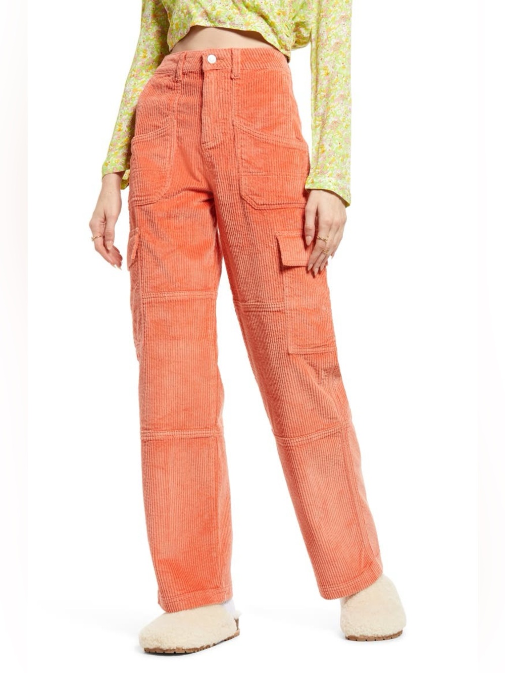 BP High Rise Wide Leg Corduroy Cargo Pants Coral